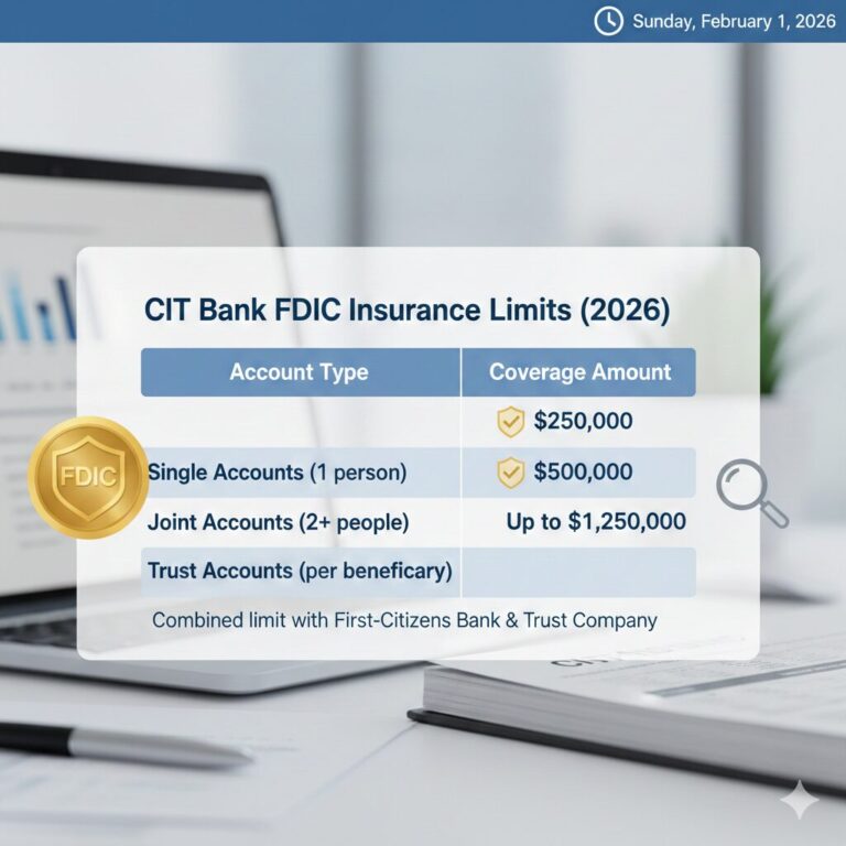 CIT Bank FDIC insurance coverage table showing limits for single and joint accounts.